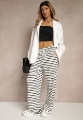 Czarno-Białe Spodnie z Wiskozą o Szerokim Kroju High Waist w Paski Bormio. Czarne spodnie materiałowe damskie Renee, bez wzorów, z jeansu. Za 54.99 zł.