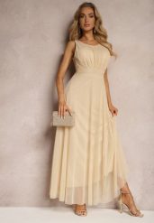 Beżowa Koktajlowa Sukienka z Tiulowym Dołem Bez Rękawów Elastar. Brązowe sukienki damskie Renee, bez wzorów, z tiulu, eleganckie, bez ramiączek. W wyprzedaży za 67.99 zł.