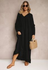 Czarna Muślinowa Trapezowa Sukienka z Bawełny Wykończona Falbaną i Ozdobnymi Rękawami Tanisea. Czarne sukienki damskie Renee, bez wzorów, z bawełny, eleganckie, bez ramiączek. W wyprzedaży za 111.99 zł.