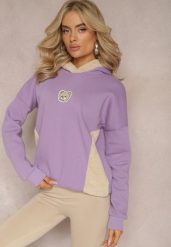 Jasnofioletowa Bluza z Bawełny z Ozdobną Naszywką z Misiem i Polarowym Kapturem Hecatia. Fioletowe bluzy damskie Renee, z aplikacjami, z bawełny, z kapturem. Za 99.99 zł.