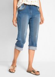 Dżinsy rybaczki Slim Fit, mid waist, bawełna. Niebieskie jeansy damskie bonprix. Za 149.99 zł.