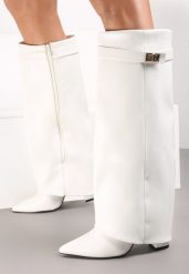 Białe Kozaki z Szeroką Cholewką i Szpiczastym Noskiem Sumehra. Białe kozaki damskie Renee, z jeansu, ze szpiczastym noskiem, przed kolano, bez obcasa, na obcasie, bez zapięcia. Za 169.99 zł.