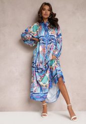 Niebieska Sukienka Maxi Oversize w Kolorowy Ornamentalny Wzór Stama. Niebieskie sukienki damskie Renee, z aplikacjami, bez ramiączek. W wyprzedaży za 187.99 zł.