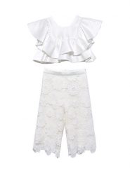 Abel & Lula Komplet bluzka i spodnie 5212 Biały Regular Fit. Białe bluzki i koszule dziewczęce Abel & Lula, bez wzorów, z syntetyku, bez kołnierzyka, bez ramiączek. Za 569.99 zł.