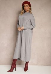 Jasnoszara Pudełkowa Sukienka Sweterkowa z Wiskozą i Golfem Rinnine. Szare sukienki damskie Renee, bez wzorów, z wiskozy, eleganckie, bez ramiączek. W wyprzedaży za 87.99 zł.