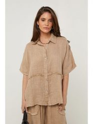 Rodier Lin Lniana koszula w kolorze karmelowym rozmiar: S/M. Brązowe koszule damskie Rodier Lin, m, bez wzorów, ze lnu, bez kołnierzyka, bez ramiączek. Za 123.25 zł.