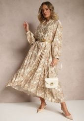 Beżowa Wiskozowa Sukienka w Ornamentalny Wzór o Rozkloszowanym Kroju Gonalia. Brązowe sukienki damskie Renee, bez wzorów, z wiskozy, eleganckie, bez ramiączek. W wyprzedaży za 99.99 zł.
