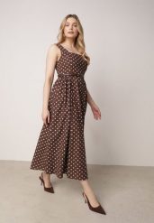 Brązowa Bawełniano-Wiskozowa Sukienka Retro w Groszki o Rozkloszowanym Kroju Eviphaia. Brązowe sukienki damskie Born2be, bez wzorów, z bawełny, klasyczne, bez ramiączek. Za 169.99 zł.