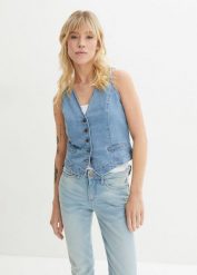 Kamizelka jeansowa ze stretchem. Niebieskie kamizelki damskie bonprix, bez wzorów, z jeansu, bez kaptura. Za 112.99 zł.