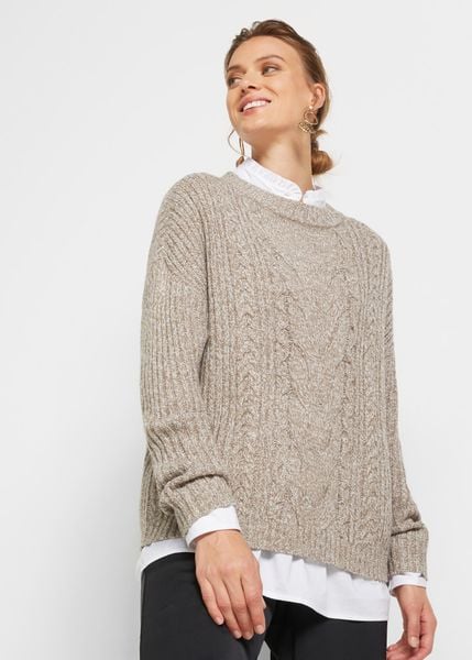 Sweter oversize w warkocze. Brązowe swetry klasyczne damskie bonprix, bez kołnierzyka. Za 94.99 zł.
