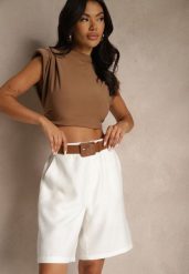 Białe Szorty z Wiskozą w Eleganckim Stylu z Paskiem z Klamrą Aravene. Białe szorty damskie Renee, bez wzorów, z materiału, z podwyższonym stanem. Za 74.99 zł.