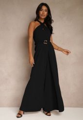 Czarny Kombinezon Koktajlowy Ozdobiony Paskiem z Metaliczną Klamrą Zermira. Czarne sukienki damskie Renee, bez wzorów, eleganckie, bez ramiączek. Za 179.99 zł.