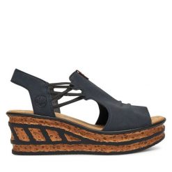 Sandały Rieker. Niebieskie sandały damskie Rieker, bez wzorów, bez obcasa, na koturnie, bez zapięcia. Za 299.99 zł.