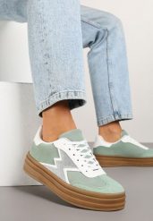 Jasnozielone Sneakersy na Kauczukowej Podeszwie z Geometrycznym Wzorem Tolionne. Zielone obuwie sportowe damskie Born2be, z jeansu, bez zapięcia. Za 99.99 zł.
