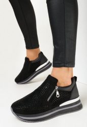 Czarne Sneakersy na Platformie z Suwakami i Cyrkoniami Difera. Czarne obuwie sportowe damskie Born2be, bez zapięcia. Za 139.99 zł.