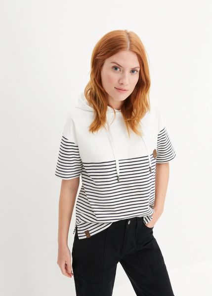 Bluza z kapturem i krótkim rękawem z czystej bawełny organicznej. Białe bluzy damskie bonprix, bez wzorów, z bawełny, z kapturem. Za 104.99 zł.