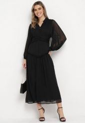 Czarna Długa Sukienka Koktajlowa w Stylu Retro z Plisami i Stójką Leowia. Czarne sukienki damskie Born2be, bez wzorów, retro, bez ramiączek. W wyprzedaży za 152.99 zł.