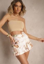 Beżowe Spódnico-Szorty High Waist w Kwiaty Delliena. Brązowe szorty damskie Renee, bez wzorów, z podwyższonym stanem. Za 54.99 zł.