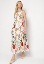 Beżowa Bawełniana Sukienka o Rozkloszowanym Kroju w Kwiatowy Print Iladris. Brązowe sukienki damskie Born2be, bez wzorów, z bawełny, eleganckie, bez ramiączek. Za 189.99 zł.