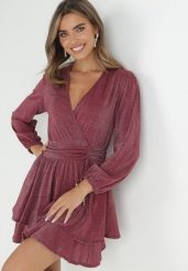 Bordowa Sukienka Rozkloszowana z Metaliczną Nitką Adine. Czerwone sukienki damskie Born2be, bez wzorów, eleganckie, bez ramiączek. W wyprzedaży za 161.49 zł.