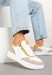 Biało-Beżowe Sneakersy przed Kostkę z Perforacją i Suwakiem na Cholewce Valinorti. Białe obuwie sportowe damskie Renee, przed kostkę, bez zapięcia. Za 59.99 zł.