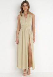 Beżowa Sukienka Parthenope. Brązowe sukienki damskie Born2be, bez wzorów, wizytowe, bez ramiączek. Za 119.99 zł.