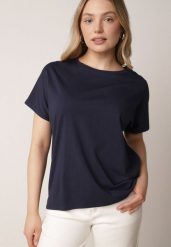 Granatowy T-shirt Bawełniany Klasyczny o Fasonie Oversize z Dłuższym Tyłem Nemedora. Niebieskie t-shirty damskie Born2be, m, bez wzorów, z bawełny, bez kołnierzyka. Za 39.99 zł.