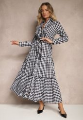 Czarna Koszulowa Sukienka z Bawełny w Kratkę Vichy z Wiązanym Paskiem Adlivia. Czarne sukienki damskie Renee, bez wzorów, z bawełny, eleganckie, bez ramiączek. W wyprzedaży za 111.99 zł.