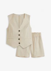 Kamizelka i szorty z mieszanki lnu. Brązowe kombinezony damskie bonprix, bez wzorów, eleganckie, bez kołnierzyka, bez ramiączek. Za 189.99 zł.
