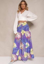 Niebieskie Spodnie z Wiskozy High Waist o Szerokim Kroju z Motywem Liści Senevira. Niebieskie spodnie materiałowe damskie Renee, bez wzorów, z jeansu. Za 54.99 zł.