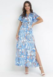Niebieska Satynowa Sukienka Maxi z Kopertowym Dekoltem i Gumką w Pasie Posedana. Niebieskie sukienki damskie Born2be, bez wzorów, z materiału, bez ramiączek. Za 159.99 zł.