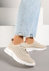 Beżowe Sneakersy z Ażurową Cholewką Polmio. Brązowe obuwie sportowe damskie Born2be, na lato, bez zapięcia. Za 79.99 zł.