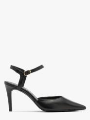 Czarne czółenka damskie z odkrytą piętą. Czarne czółenka damskie Ryłko, bez wzorów, ze skóry, bez obcasa, na szpilce. W wyprzedaży za 229.99 zł.