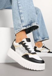 Czarno-Białe Sneakersy na Tłoczonej Podeszwie ze Zdobieniami w Panterkę Gerraza. Czarne obuwie sportowe damskie Born2be, z jeansu, bez zapięcia. Za 109.99 zł.
