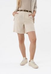 Szorty z lnem P-ELYS. Brązowe szorty damskie Volcano, bez wzorów, ze lnu, z podwyższonym stanem. Za 139.99 zł.
