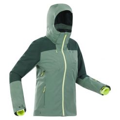 Kurtka narciarska damska Wedze 500. Zielone kurtki sportowe damskie WED'ZE, na zimę, xs, bez wzorów, bez kaptura. W wyprzedaży za 399.99 zł.