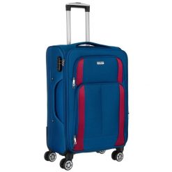 Mała walizka kabinowa z miękkiego materiału poliestrowego w niebiesko-czerwonym kolorze Peterson PTN 5209-S. Czerwone walizki Peterson, bez wzorów, małe. Za 199.99 zł.