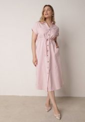 Różowa Sukienka Koszulowa z Bawełną Wiskozą i Ozdobnymi Guzikami Parranes. Czerwone sukienki damskie Born2be, bez wzorów, z bawełny, eleganckie, bez ramiączek. Za 159.99 zł.