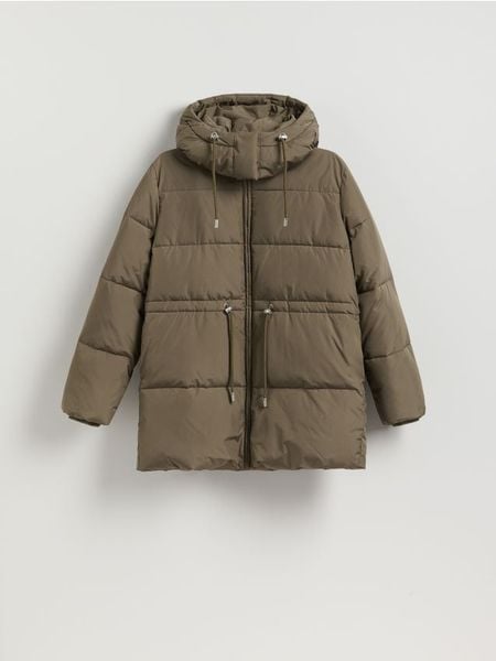 Pikowana kurtka z odpinanym kapturem - oliwkowy. Zielone kurtki damskie Reserved, l, bez wzorów, z tkaniny. Za 359.99 zł.