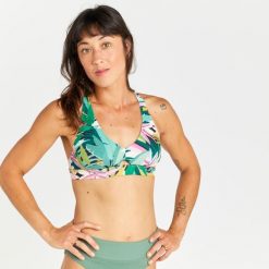 Góra kostiumu kąpielowego surfingowego damska Olaian Agatha Tropical. Zielone bikini OLAIAN, bez wzorów, z elastanu. W wyprzedaży za 39.99 zł.