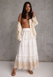 Biało-Beżowa Bawełniana Spódnica Casual w Stylu Boho Ozdobiona Wycięciami i Haftowanymi Wzorami Hermat. Brązowe spódnice damskie Renee, na co dzień, l, z aplikacjami, z bawełny, boho, maxi. Za 129.99 zł.