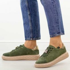 Khaki skórzane sneakersy damskie Sergio Leone Sp110. Brązowe obuwie sportowe damskie Sergio Leone, na jesień, z jeansu, bez zapięcia. Za 219.00 zł.