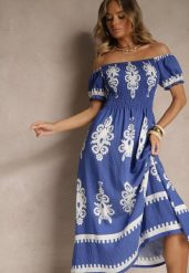 Niebieska Sukienka Hiszpanka Ozdobiona Etnicznym Printem Aralette. Niebieskie sukienki damskie Renee, bez wzorów, eleganckie, bez ramiączek. W wyprzedaży za 67.99 zł.
