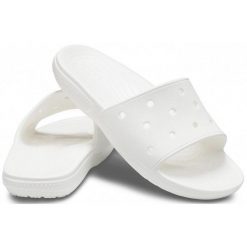 Crocs klapki damskie Classic Slide białe 206121 100. Białe klapki damskie Crocs, bez wzorów, bez obcasa, bez zapięcia. Za 109.99 zł.
