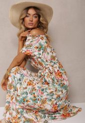 Biało-Zielona Bawełniana Sukienka Hiszpanka Wiązana w Talii w Kwiatowy Wzór Risarrae. Białe sukienki damskie Renee, bez wzorów, z bawełny, eleganckie, bez ramiączek. W wyprzedaży za 55.99 zł.