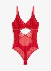 Body ze stringami, z koronki ze wzorem w serca. Czerwone body i gorsety bonprix, bez wzorów, z koronki. Za 79.99 zł.