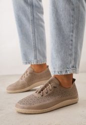 Beżowe Skórzane Tenisówki z Ażurową Cholewką Nesseli. Brązowe trampki damskie Born2be, w ażurowe wzory, z jeansu, bez zapięcia. Za 209.99 zł.