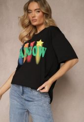 Czarny T-shirt o Kroju Oversize z Nadrukowanym Napisem Ilorella. Czarne t-shirty damskie Renee, l, bez wzorów, z jeansu, bez kołnierzyka. Za 39.99 zł.