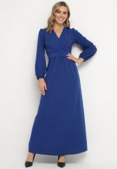 Niebieska Rozkloszowana Sukienka Ozdobiona Paskiem w Talii Felirith. Niebieskie sukienki damskie Born2be, bez wzorów, eleganckie, bez ramiączek. W wyprzedaży za 144.49 zł.