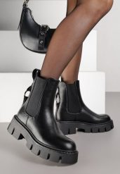 Czarne Botki Vices Sztyblety na Platformie Ozdobione Metaliczną Aplikacją Zaidera. Czarne botki damskie Renee, eleganckie, bez obcasa, na platformie, bez zapięcia. Za 149.99 zł.